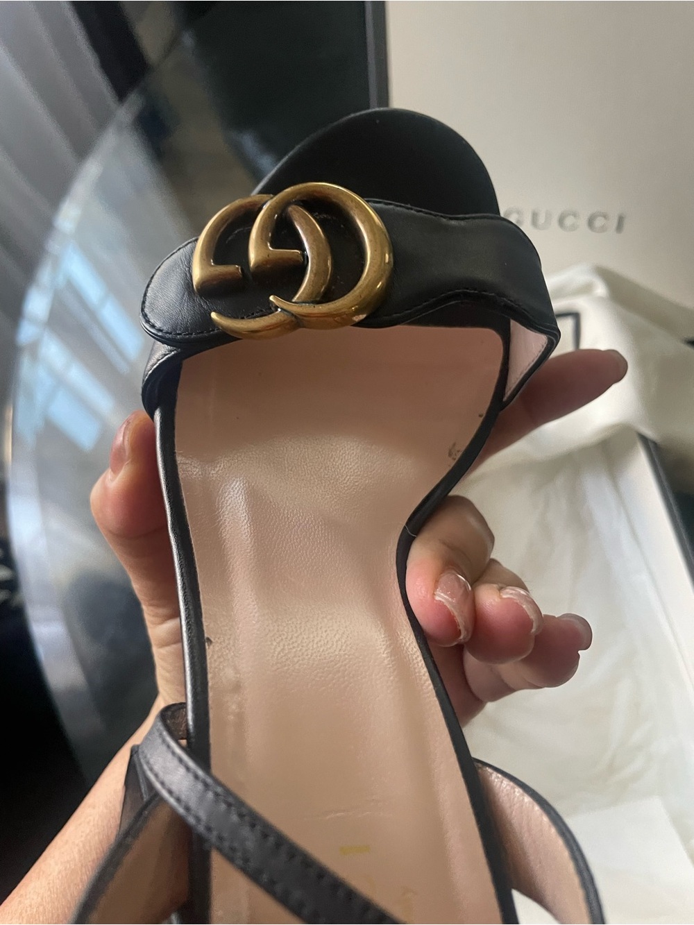 Gucci Black Leather GG Gold-Logo Slingback Heels - Picture 3 of 5